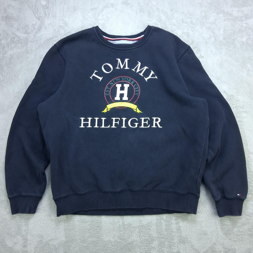 Tommy Hilfiger Womens Crewneck Sweatshirt Large Navy Blue Logo Graphic Preppy
